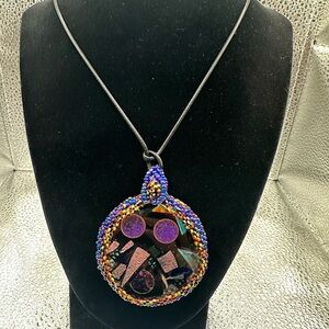 Colorful Seed Beaded Bezel on in-fuzed Dichroic Glass Pendant Necklace
